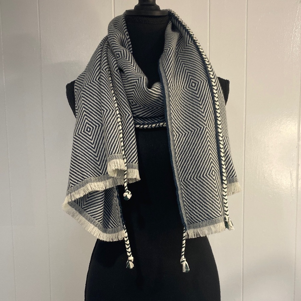 Oversized Woven Scarf | Green & Cream Geometric | Fringe Tassels | 72” Long
